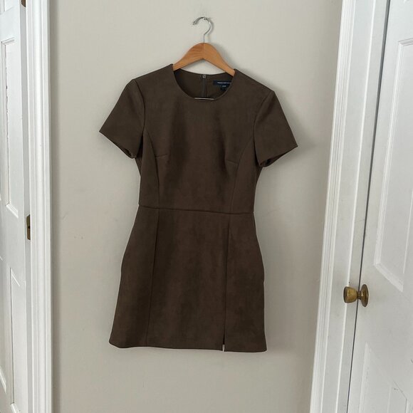 French Connection Vegan Brown Suede Crewneck Short Sleeve Dress Size 8 - Picture 3 of 9
